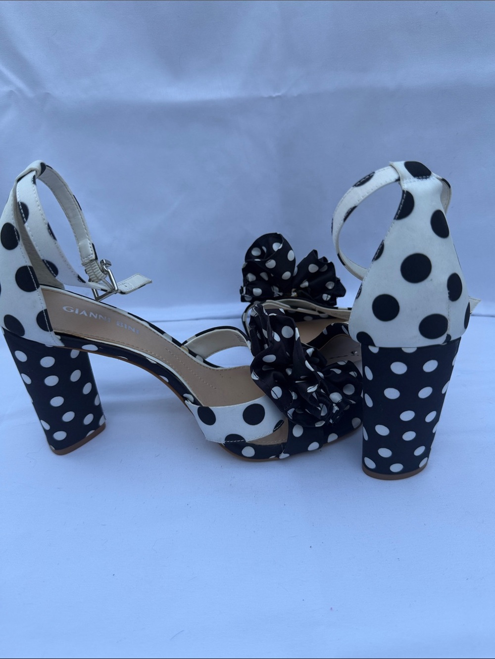 Gianni Bini Black and White Polka Dot Bow Ankle-Strap Block Heels - Picture 2 of 5